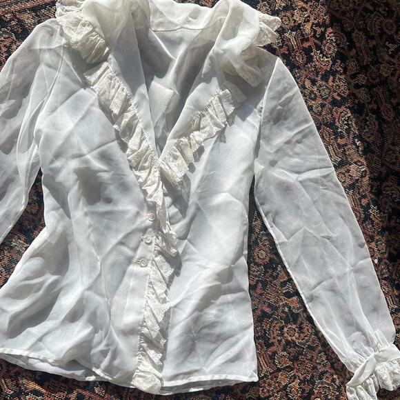 Oscar De La Renta Women's 8 Blouse White Semi Sheer Lace Ruffle Vintage - Picture 4 of 4